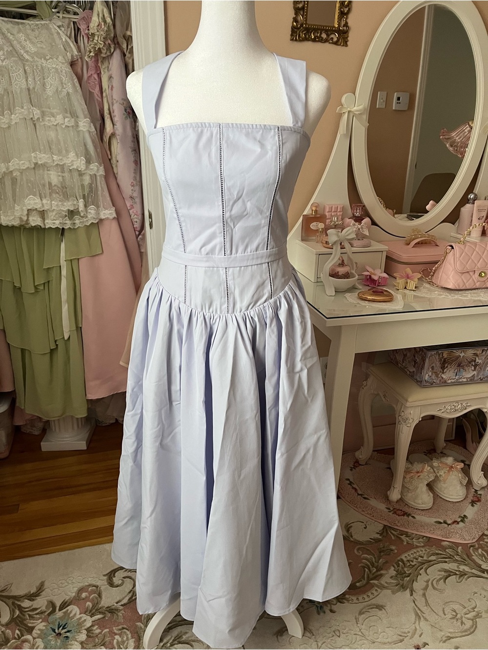 Classic Light Blue Square-Neck Midi Dress